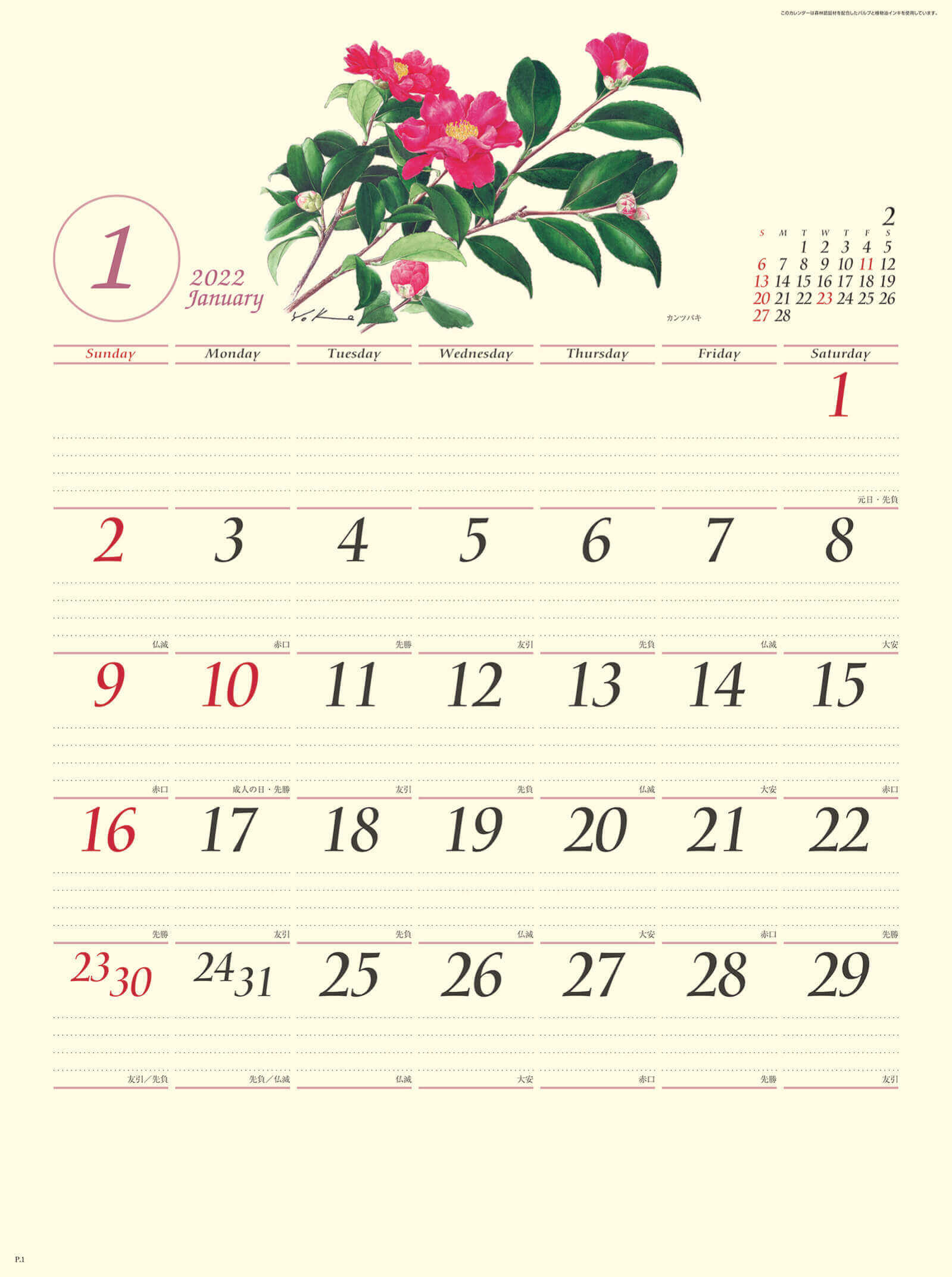 1月 カンツバキ ボタニカルアート 2022年カレンダーの画像