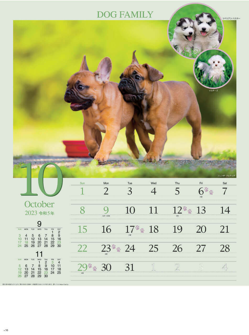 10月 フレンチ・ブルドッグ   ドッグファミリー 2023年カレンダーの画像