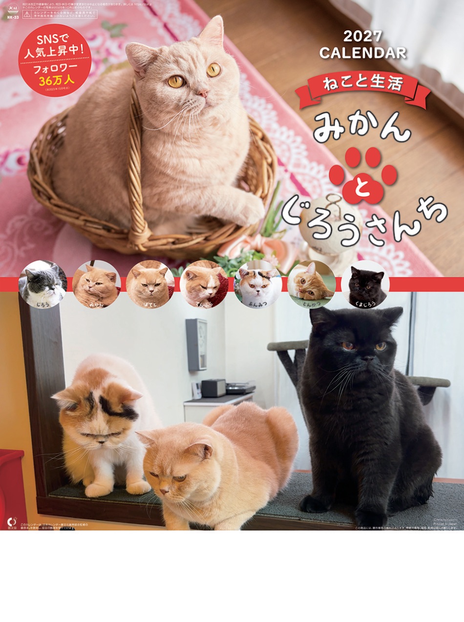 NK-33 ねこと生活 2027年カレンダー SNSで人気の「みかんとじろうさん